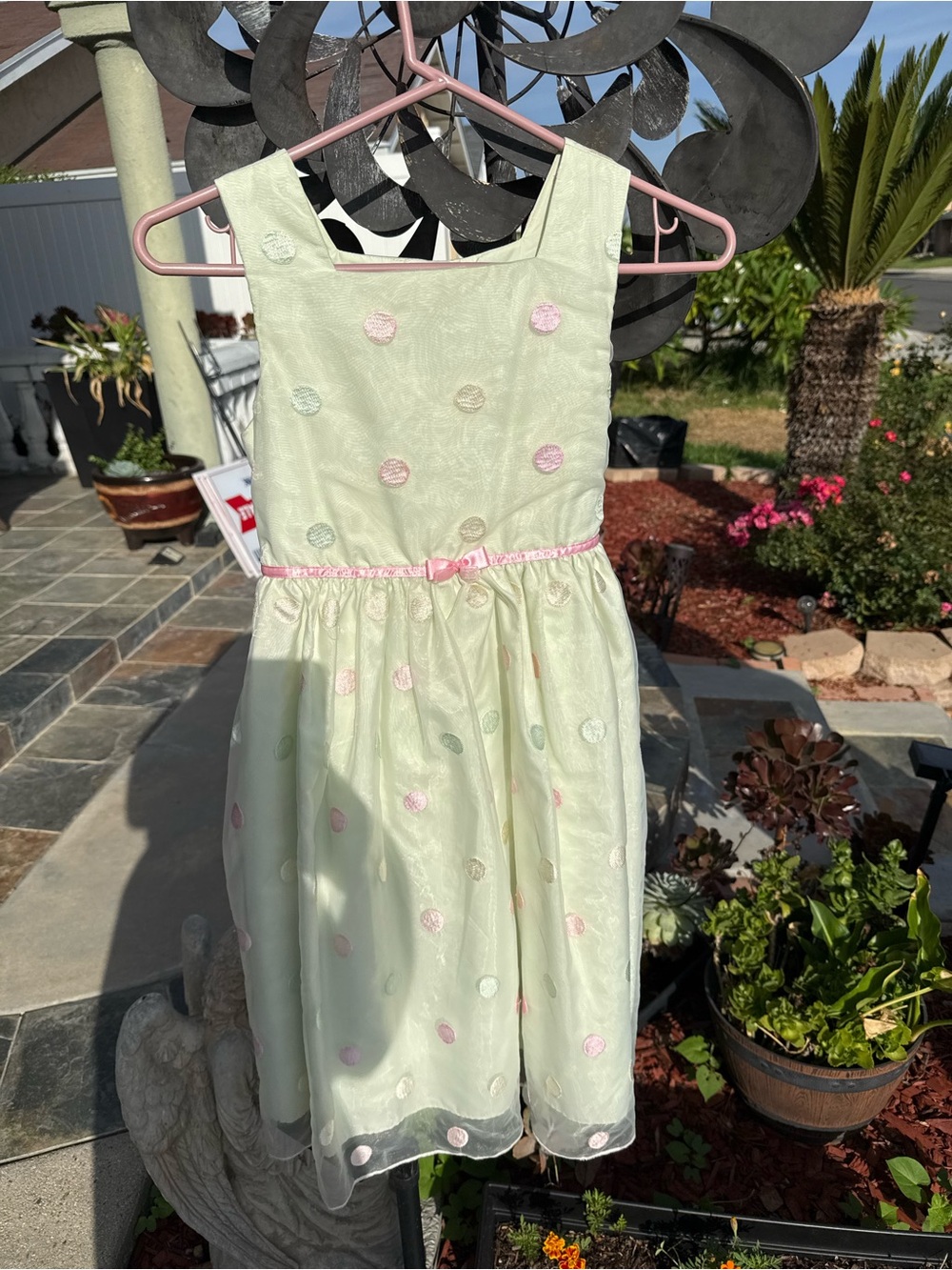 Jona Michelle Pale Green Polka Dot Dress with Pink Ribbon